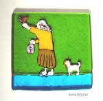 OLD LADY WITH A BIRD fused glass panel approx.20cmx20cm